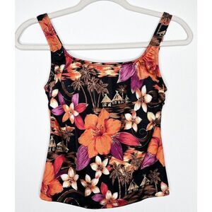 Vintage 90s Y2K Tank Top Cami Swim Workout Top Hawaiian Print Tiki Hibiscus S